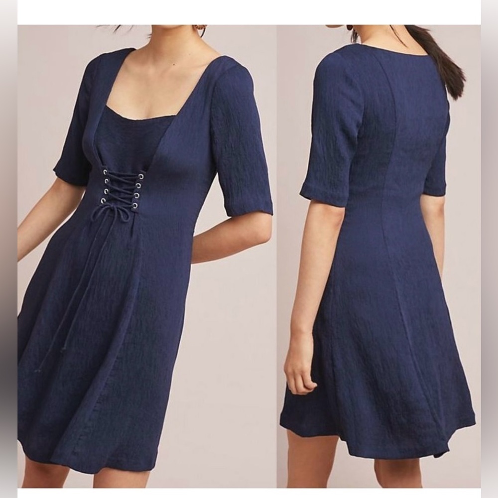 Anthropologie Maeve Juliet Corseted Navy Blue Fit & Flare Lace Up Dress Size 4